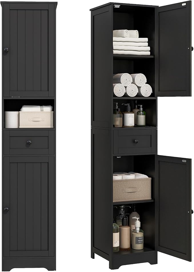 Tall Bathroom Cabinet,Storage Cabinet with 5 Shelves & 1 Drawer, with Adjustable Shelve, for Bathroom, Kitchen, Entryway, Living Room (Black)