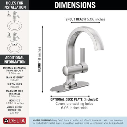 Delta Albion Chrome Bathroom Faucet 1 Hole, Single Hole Bathroom Sink Faucet for Vanity, Metal Push-Pop Drain Assembly, Chrome 15855LF