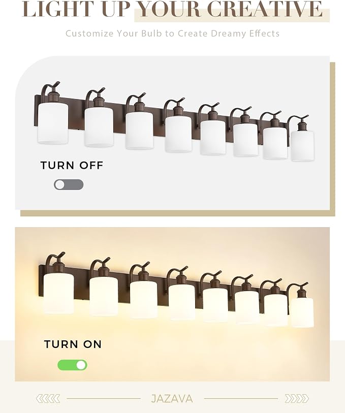 8-Light Bathroom Vanity Light,White Frosted Glass,Oil Rubbed Bronze | 56 Inch Over Mirror Wall Light,E26 sockets,for bathroom mirror,powder room,dressing area