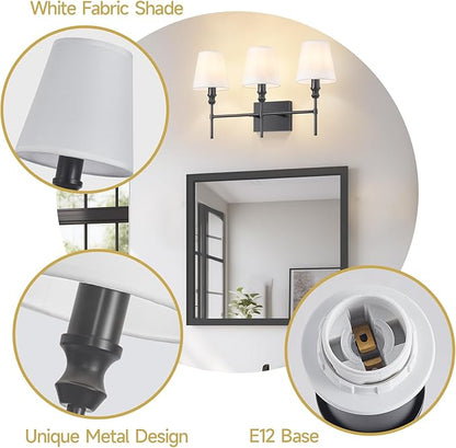 Vanity Lights For Bathroom,23.6 In Black Bathroom Light Fixtures Over Mirror,Vintage 3-Light Vanity Light With Flared White Fabric Lampshade For Bedroom,Hardwired Hallway Sconce Light,E12 Base