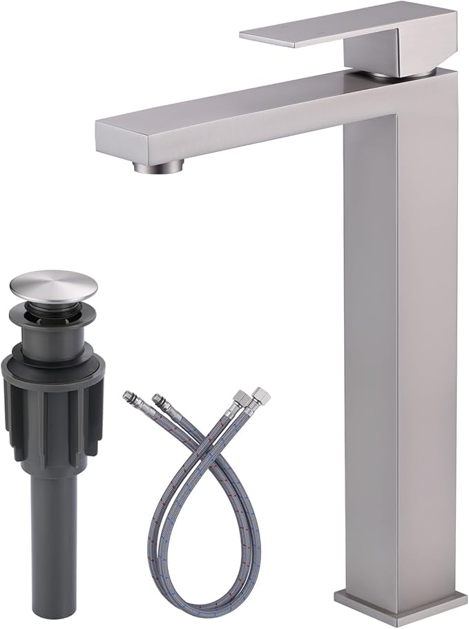 ARCORA Vessel Sink Faucet Brushed Nickel, Single Handle Tall Bathroom Faucet, Single Hole Lavatory Vanity Mixer Tap with Pop Up Drain and Supply Lines