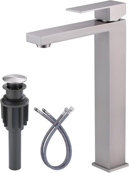 ARCORA Vessel Sink Faucet Brushed Nickel, Single Handle Tall Bathroom Faucet, Single Hole Lavatory Vanity Mixer Tap with Pop Up Drain and Supply Lines