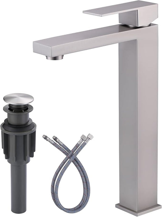 ARCORA Vessel Sink Faucet Brushed Nickel, Single Handle Tall Bathroom Faucet, Single Hole Lavatory Vanity Mixer Tap with Pop Up Drain and Supply Lines