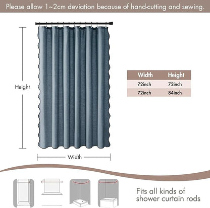 MIULEE Dusty Blue Scalloped Linen Shower Curtain 72W x 72L | 12 metal hooks, Linen scalloped, waterproof washable, thick heavy cloth, black border, boho farmhouse, bathroom hotel use
