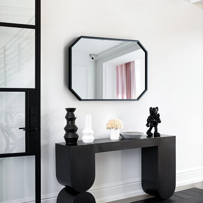 24x36 Inch Octagon Mirror for Bathroom Black Wall Mirror Rectangle Mirror | Black Bathroom Mirror Metal Frame Wall Mirror Decorative Rustic Accent Vanity Mirror Hanging for Over Sink Entryway