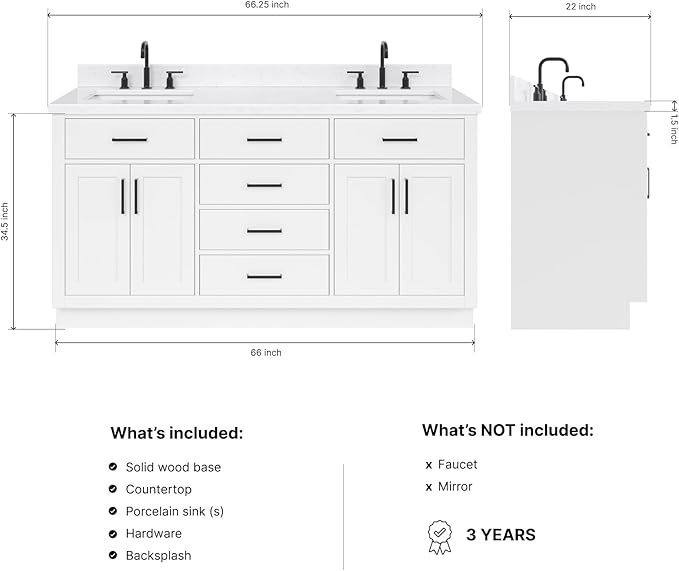 DKB Isabella 66" White Double Bathroom Vanity with 1.5" Carrara Quartz Countertop, Double Rectangular Undermount Sinks, 4 Soft Closing Doors, 6 Dovetail Drawers