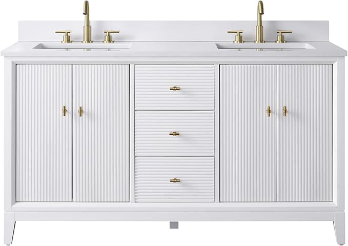 Vanity Art 60" Bathroom Vanity with Double Sink & Arabescato White Engineered Stone Top, Vanity Cabinet with Soft Closing Door, Solid Wood Frame, Golden Brushed Handles, White VA8160D-W-GB