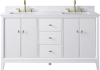 Vanity Art 60" Bathroom Vanity with Double Sink & Arabescato White Engineered Stone Top, Vanity Cabinet with Soft Closing Door, Solid Wood Frame, Golden Brushed Handles, White VA8160D-W-GB