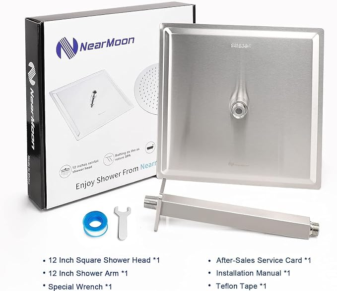 NearMoon Rain Shower Head With Shower Arm, Ceiling Mount Square Shower, Stainless Steel Ceiling Rainfall Showerhead- Waterfall Full Body Coverage (12 Inch, Brushed Nickel)