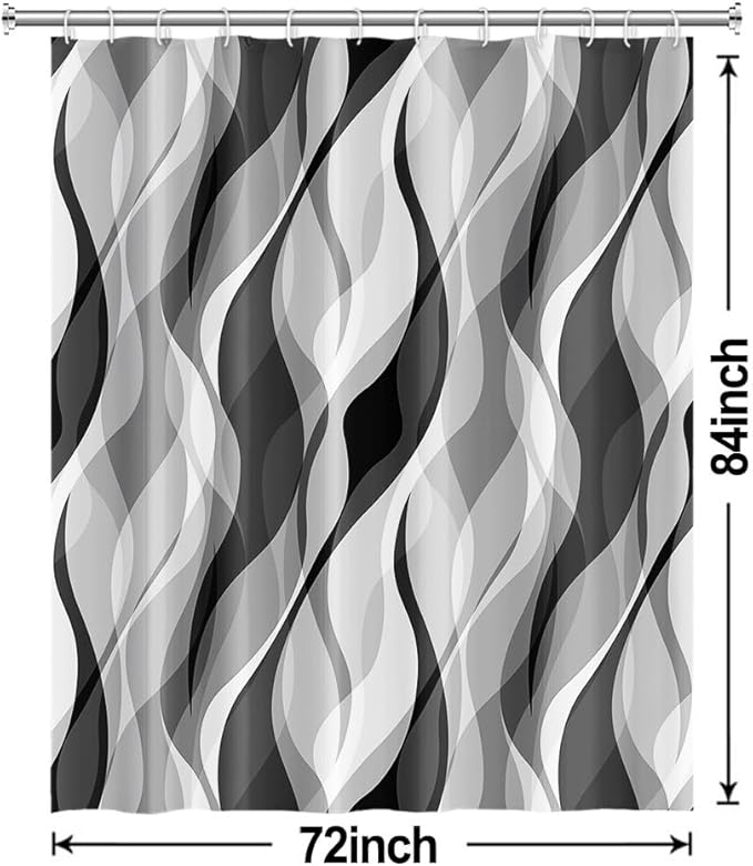 Grey Shower Curtain, Modern Abstract Black and Grey Striped Shower Curtain Set for Bathroom Waterproof White Gray Shower Curtain with Hooks, 72x84 Inch