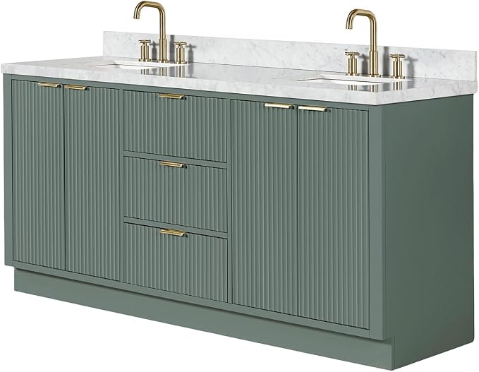 ARIEL Milan 72-inch Bathroom Vanity with Sink,Solid Wood, 1.5-inch Italian Carrara Marble Countertop, Double Rectangular Porcelain Sink, Soft Closing Doors, Dovetail Drawers, Vintage Green