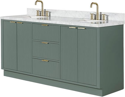 ARIEL Milan 72-inch Bathroom Vanity with Sink,Solid Wood, 1.5-inch Italian Carrara Marble Countertop, Double Rectangular Porcelain Sink, Soft Closing Doors, Dovetail Drawers, Vintage Green
