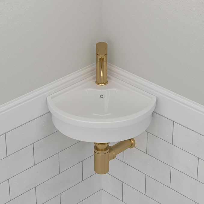 Triangle Corner Wall Mount Sink | Beslend 16"x15" Inch White Ceramic Vessel Sink, Triangle Corner Art Basin with Single Hole，Small Space-Saving Bathroom Sinks