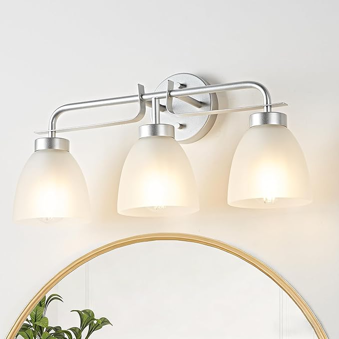 21 Inch Mid-Century Modern Vanity Lights, 3-Light Silver Bathroom Light Fixture with Frosted White Bell Shades, Industrial Wall Sconce for Mirror Over Vanity, Bedroom, Hallway