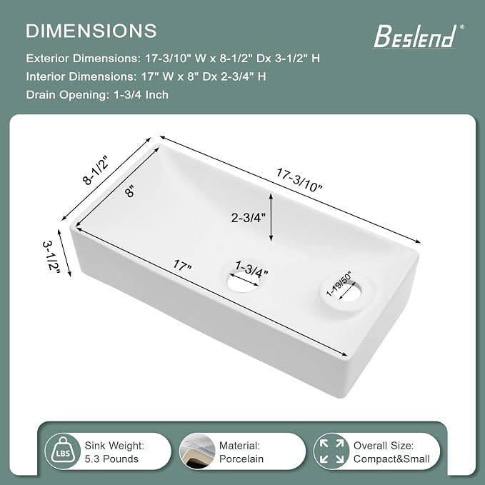 Wall Mount Bathroom Vessel Sink Space Saving | Beslend 17"x8" Inch White Ceramic Vessel Sink, Rectangular White Art Hand Wash Basin with Single Hole