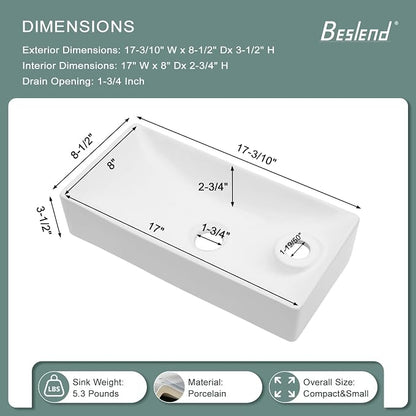 Wall Mount Bathroom Vessel Sink Space Saving | Beslend 17"x8" Inch White Ceramic Vessel Sink, Rectangular White Art Hand Wash Basin with Single Hole