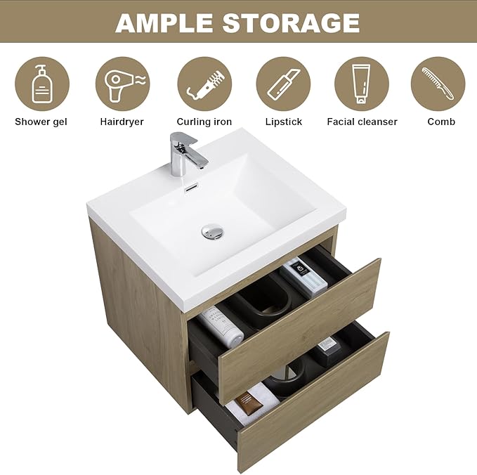 Floating Vanity Bathroom, 30 Inch Bathroom Vanity with Sink, Wall Mounted Single Sink Bathroom Vanity, Soft Closed 2 Drawers, Integrated Sink (Natural Oak)