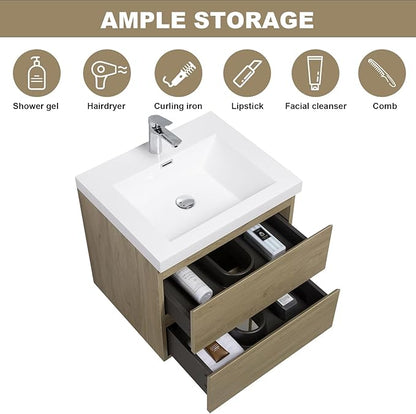 Floating Vanity Bathroom, 30 Inch Bathroom Vanity with Sink, Wall Mounted Single Sink Bathroom Vanity, Soft Closed 2 Drawers, Integrated Sink (Natural Oak)