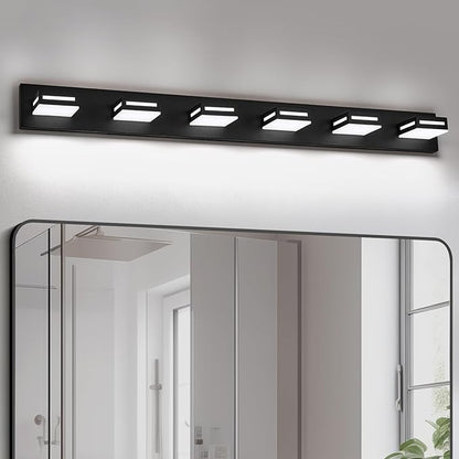 LED Modern Bathroom Light Fixtures, 6-Light 48-Inch Matte Black Vanity Lights for Bathroom Lighting Fixtures Over Mirror, 350° Rotatable Acrylic, 6000K Cool White Wall Lamp