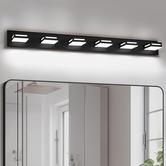 LED Modern Bathroom Light Fixtures, 6-Light 48-Inch Matte Black Vanity Lights for Bathroom Lighting Fixtures Over Mirror, 350° Rotatable Acrylic, 6000K Cool White Wall Lamp