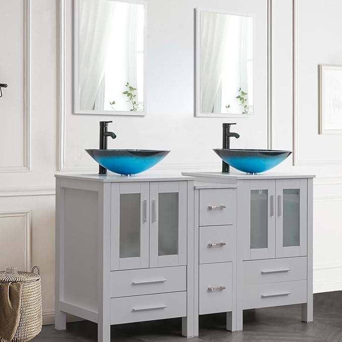 UEV 60" Double Sink Bathroom Vanity,Grey Bathroom Vanity with Double Side Vanity Cabinets & Removable 3 Drawer Storage Cabinet,Modern Vessel Sink,Mirror Not Included(A10)