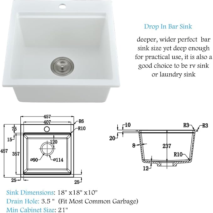 18 Inch White Drop In Bar Sink Workstation,Quartz Outdoor Rv Sink | 18x18 Inch Wet Bar Sink Single Bowl Small Drop In Kitchen Sinks with Cutting Board