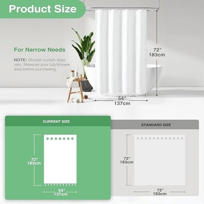 Dynamene Stall Shower Curtain and Liner Set - 54 inch Wide Boho Shower Curtain and Waterproof Clear Liner, Tufted Chevron Striped Textured Tassel Shower Curtains for Bathroom, 10 Hooks, 54x72, White