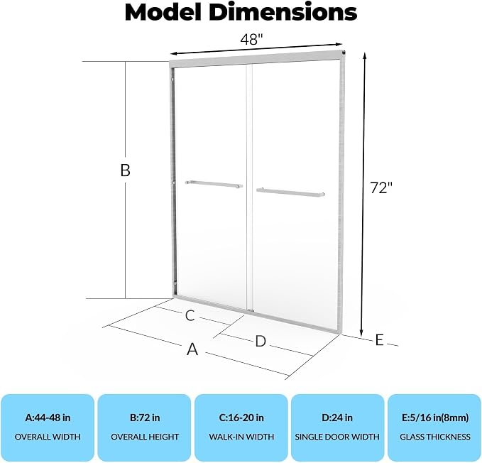 Double Sliding Shower Door 44-48 Inch W×72 Inch H Framed – Brushed Silver Aluminum Frame Bypass Shower Door with 8mm Tempered Glass, Easy Clean Coating for Bathroom