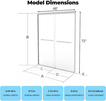 Sliding Shower Door 44–48 Inch W×72 Inch H – Aluminum Framed Glass Shower Enclosure with Smooth Sliding Panels, 8mm Tempered Glass for Walk-in Showers and Modern Bathroom Renovation