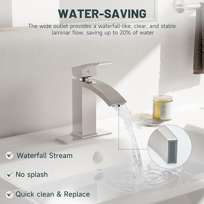 Brushed Nickel Waterfall Bathroom Faucets for 1 or 3 Holes, Brass | Brass Single Handle Bathroom Sink Faucet for Lavatory Commercial Vanity Basin Taps with Deck Plate Pop Up Drain & Supply Line
