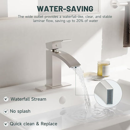 Brushed Nickel Waterfall Bathroom Faucets for 1 or 3 Holes, Brass | Brass Single Handle Bathroom Sink Faucet for Lavatory Commercial Vanity Basin Taps with Deck Plate Pop Up Drain & Supply Line