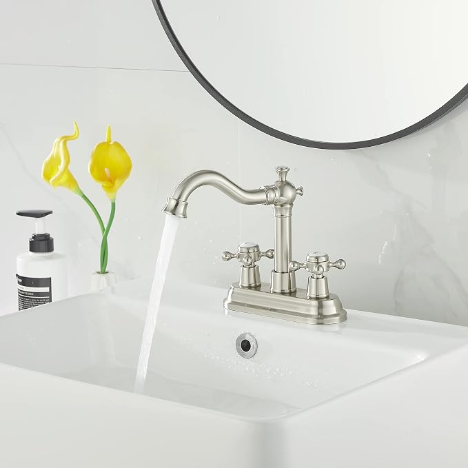 Bathroom Faucet Brushed Nickel 2 Handles 4 Inches Centerset RV Vanity With Drain Assembly and Supply Hose
