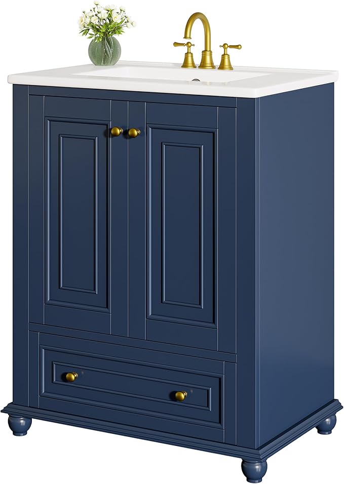 Tribesigns 24" Bathroom Vanity with Ceramic Sink Combo, Freestanding Bathroom Storage Vanity Cabinet with 2 Doors & 1 Drawer, Solid Wooden Frame & Coated Surface, Metal Handle, Navy Blue