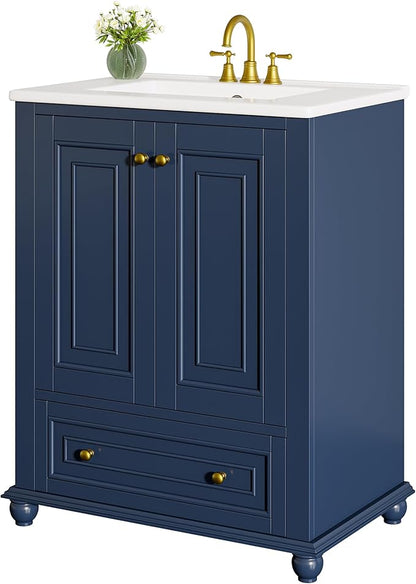 Tribesigns 24" Bathroom Vanity with Ceramic Sink Combo, Freestanding Bathroom Storage Vanity Cabinet with 2 Doors & 1 Drawer, Solid Wooden Frame & Coated Surface, Metal Handle, Navy Blue