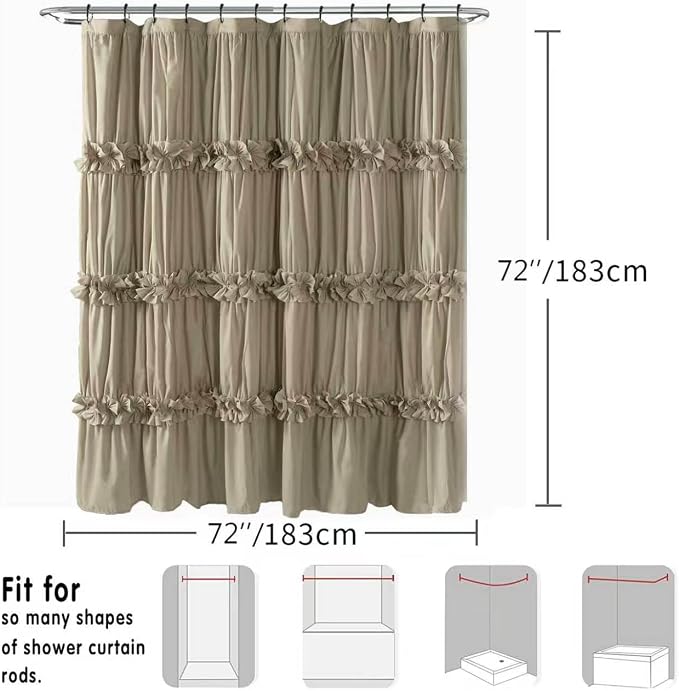 Homechoice Decor Taupe Ruffle Shower Curtain 72" W x 72" H | Vintage Handcrafted Bow Tie Bath Curtain for Master Bathroom, Ruched Microfiber Bathroom Curtain with 12 Buttonholes (LQ-10)