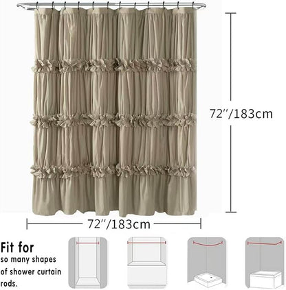 Homechoice Decor Taupe Ruffle Shower Curtain 72" W x 72" H | Vintage Handcrafted Bow Tie Bath Curtain for Master Bathroom, Ruched Microfiber Bathroom Curtain with 12 Buttonholes (LQ-10)