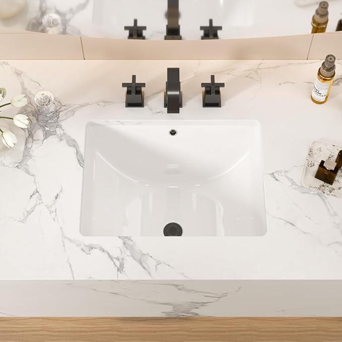 White Ceramic 18"x14" Undermount Bathroom Lavatory Sink | Rectangle under counter white bathroom vessel sink for bathroom with overflow