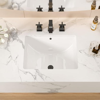 White Ceramic 18"x14" Undermount Bathroom Lavatory Sink | Rectangle under counter white bathroom vessel sink for bathroom with overflow