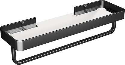 16 Inch Long Floating Bathroom Shelf with Towel Bar, Clear Tempered Glass Wall Shelf with Hand Towel Holder for Bathroom Storage Organizer, Matte Black