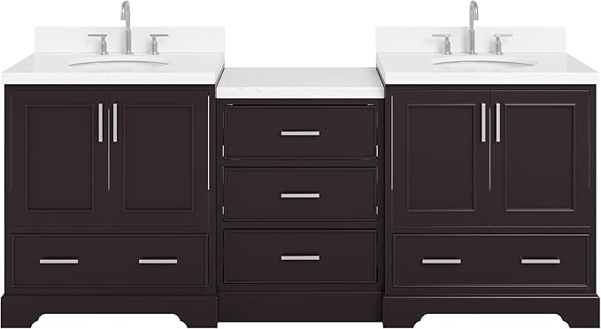 ARIEL Stafford 84-inch Bathroom Vanity with Sink,Solid Wood, 1.5in Carrara White Quartz Countertop & Backsplash, Double Oval Porcelain Sink, 4 Soft Closing Doors, 5 Dovetail Drawers, Espresso