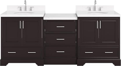 ARIEL Stafford 84-inch Bathroom Vanity with Sink,Solid Wood, 1.5in Carrara White Quartz Countertop & Backsplash, Double Oval Porcelain Sink, 4 Soft Closing Doors, 5 Dovetail Drawers, Espresso