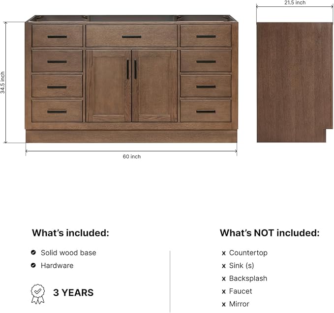 ARIEL Hepburn 60-inch Bathroom Vanity Base Cabinet,Solid Wood, 2 Soft Closing Doors, 9 Dovetail Drawers, Brown Oak