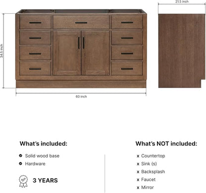 ARIEL Hepburn 60-inch Bathroom Vanity Base Cabinet,Solid Wood, 2 Soft Closing Doors, 9 Dovetail Drawers, Brown Oak