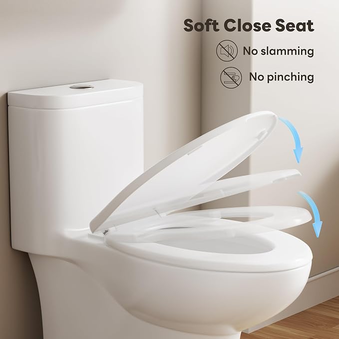 Sonderzone Elongated One Piece Toilet for Bathroom, Modern 17.3" ADA Comfort Height Design, Soft Closing Seat, High Efficiency Dual Flush (1.1/1.6 GPF), 12" Rough-In, MAP 1000g, White Toilet Bowl