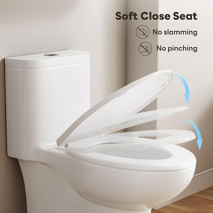 Sonderzone Elongated One Piece Toilet for Bathroom, Modern 17.3" ADA Comfort Height Design, Soft Closing Seat, High Efficiency Dual Flush (1.1/1.6 GPF), 12" Rough-In, MAP 1000g, White Toilet Bowl