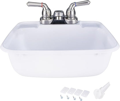 RecPro RV White Bathroom Sink with Faucet Single Bowl Plastic Lavatory