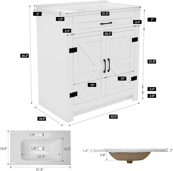 30.9 inch Bathroom Sink Vanity Combo, Small Freestanding Single Bath Vanity Sink Set with 2 Doors, White Single Basin Bathroom Storage Cabinet