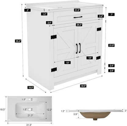 30.9 inch Bathroom Sink Vanity Combo, Small Freestanding Single Bath Vanity Sink Set with 2 Doors, White Single Basin Bathroom Storage Cabinet