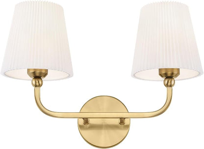 2-Light Brushed Gold Bathroom Vanity Light, Pleated Fabric Shade | 17" 2-light gold double wall sconce with white pleated fabric shades, E26 bulbs, hardwired, upward only, VL837-BG-Z-2