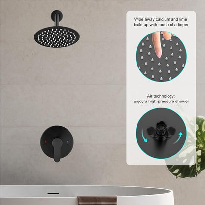 Heyalan 8-Inch Round Rain Shower Faucet Set with Valve, Matte Black | SUS304 stainless steel shower head, brass rough-in valve, single-handle control, 1.8 GPM, ideal for bathroom remodels